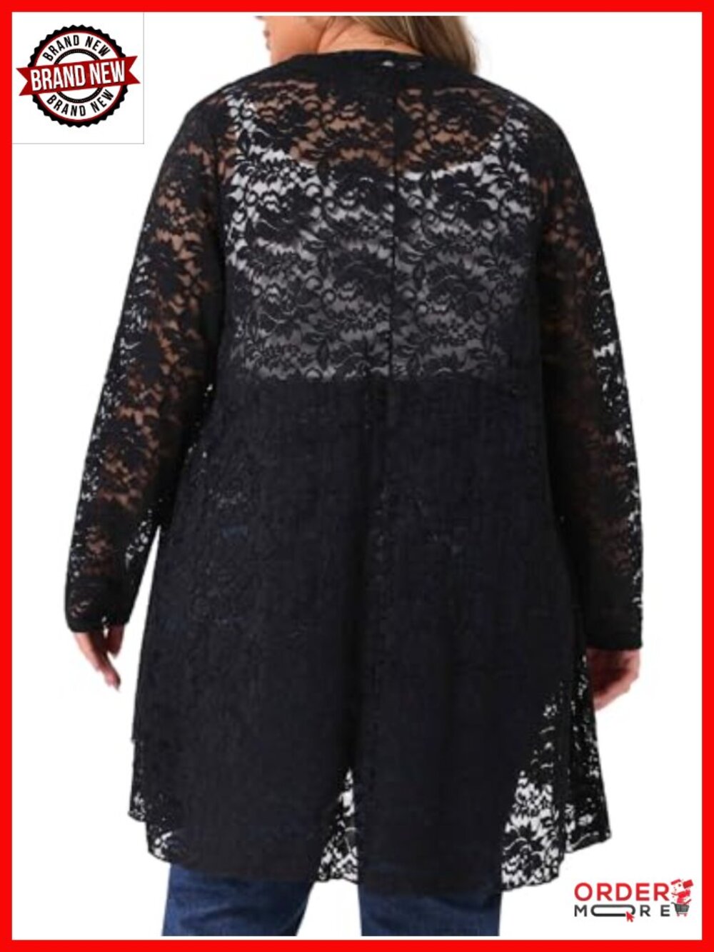Plus Size Lace Cardigan Open Front Long Sleeve Sheer Crochet Cover Up - Picture 3 of 4